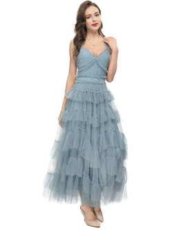 Mesh Camisole Pleated Layer Frill Dresses