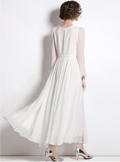 Court V-Neck Long Sleeve White Dresses