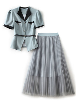Classy Contrasting Corset Belt Tops & Mesh Pleated Skirts