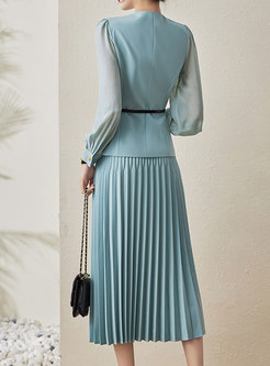 Commuter Patch Turn-Down Collar Blouses & Long Pleated Skirts