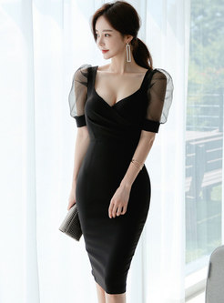 Glamorous Plunging Neck Mesh Splicing Bodycon Dresses