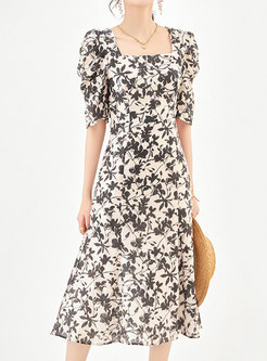 Resort Square Neck Jacquard Floral Dresses