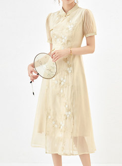 Glamorous Embroidered Mesh Cheongsam Style Dresses