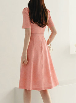 Classy Pearl Button With a Belt Skater Dresses