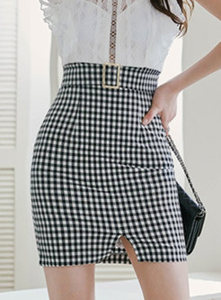 Sexy Plaid With Belt Pencil Skirts