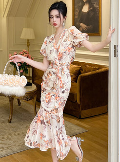 Classy Floral Tie Waist Peplum Dresses