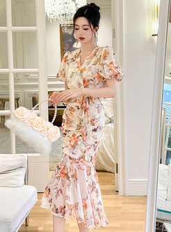 Classy Floral Tie Waist Peplum Dresses