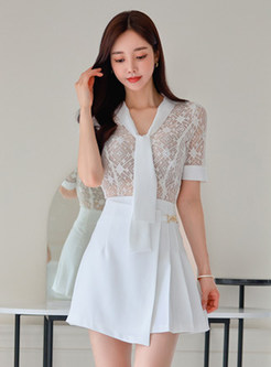 Sexy V-Neck Lace Women Tops & Pleated Skirts