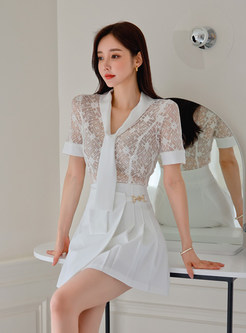 Sexy V-Neck Lace Women Tops & Pleated Skirts