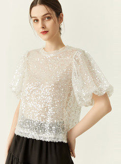 Commuter Sequined Puff Sleeve Girls Tops