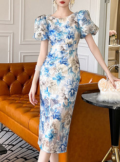 Chic Puff Sleeve Floral Bodycon Dresses