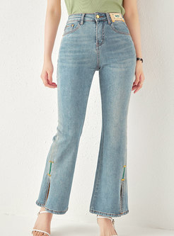 Fashion Embroidered Slit Flare Jeans