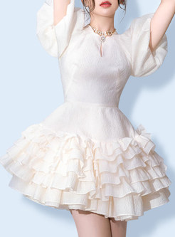Cute Jacquard Puff Sleeve Bubble Dresses
