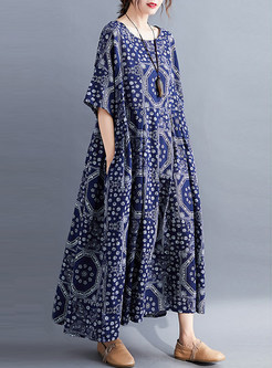 Boxy Linen-Blend Printed Long Dresses