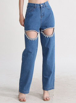 Fashion Cutout Beaded Jeans For Women