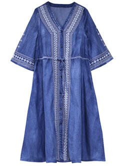 Vintage Half Sleeve Embroidered Denim Dresses