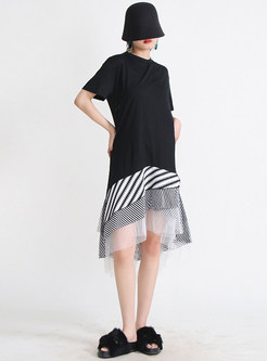 Relaxed Mesh Patch T Shirt Dresses
