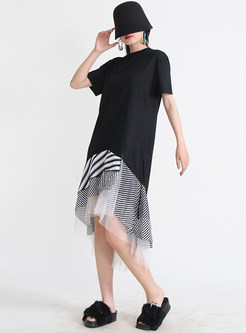 Relaxed Mesh Patch T Shirt Dresses