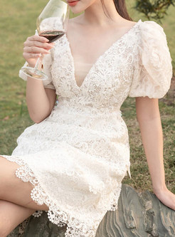 Sweet Lace Puff Sleeve Skater Dresses