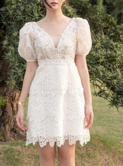 Sweet Lace Puff Sleeve Skater Dresses