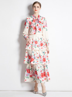 Stylish Floral Tie Neck Layered Dresses