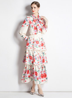 Stylish Floral Tie Neck Layered Dresses