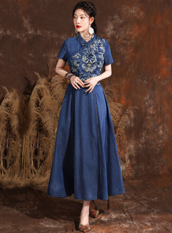 Ethnic Embroidered Big Hem Denim Dresses