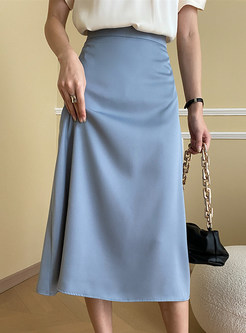 Brief Satin Solid Mid Length Skirts