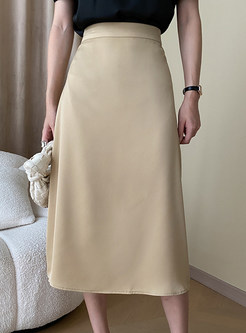 Brief Satin Solid Mid Length Skirts