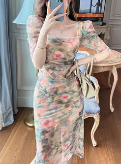 Retro Blurred Floral Square Neck Bodycon Dresses