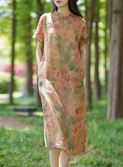 Ethnic Linen Printed Cheongsam Style Dresses