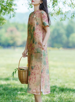Ethnic Linen Printed Cheongsam Style Dresses
