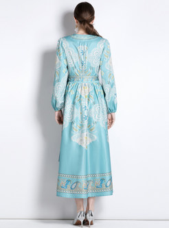 Ethnic Tie Front Long Sleeve Printed Dresses