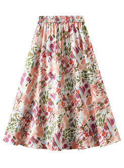 Pretty Floral Satin Elastic Waist Skirts