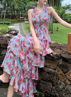 Resort Halter Neck Floral Tiered Long Dresses