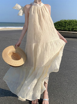 Flutter Halter Neck Textured Long Beach Dresses
