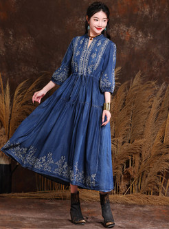 Vintage Embroidered Long Denim Dresses