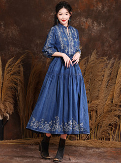 Vintage Embroidered Long Denim Dresses