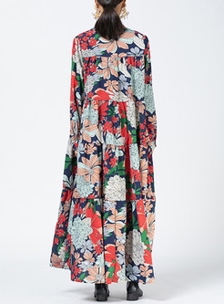 Slouchy Floral Single-Breasted Long Dresses