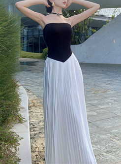 Elegant Off Shoulder Patch Pleated Maxi Dresses