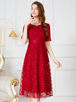 Chic Sequined Mesh Embroidered Skater Dresses