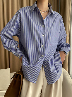 Chic Single-Breasted Striped Ladies Blouses