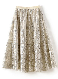Elegant Elastic Waist Embroidered Midi Skirts