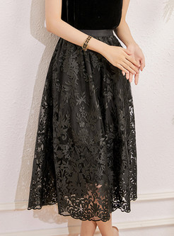 Elegant Elastic Waist Embroidered Midi Skirts
