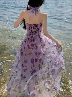Printed Flower Decor Halter Neck Long Beach Dresses