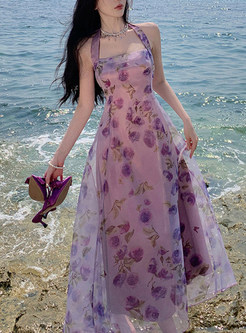 Printed Flower Decor Halter Neck Long Beach Dresses