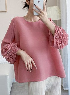 Loose Pearl Purfle Smocked Women Tops