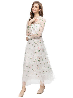 Glamorous Mesh Flower Decor Maxi Dresses