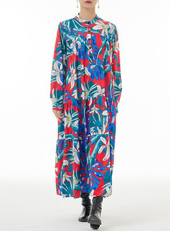 Loose Mockneck Printed Long Sleeve Maxi Dresses