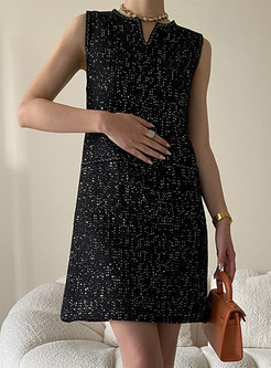 Cut Out Tweed Sequined Shift Dresses
